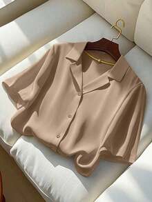 Camisa de manga corta con cuello vuelto de color sólido para mujer, estilo casual, para verano - Marrón 2 - Ver 9