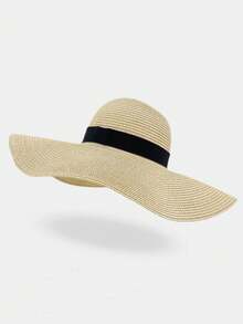 1 pièce Chapeau de paille à large bord pour femme avec ruban noir, chapeau de plage de protection solaire - Multicolore - Voir 8