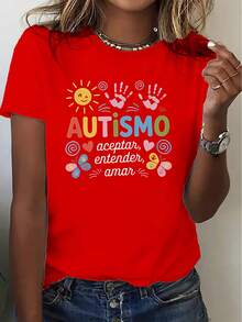 Women's Casual T-Shirt - Palm And Butterfly Print Design, Autism Awareness Theme - Printed Style - Women's Casual Sports T-Shirt - Short Sleeve, Suitable For All Seasons, Comfortable Fabric, Urban Style, Perfect For Everyday Wear, 100% Cotton - 紅色 - 查看 7