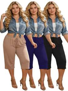 3-Pack Women's Plus Size Capri Pants, Wide Leg Loose Casual Drawstring Capri Sweatpants, Soft Stretchy Comfortable Summer Lounge Pants, Relaxed Fit Elastic Waist Capri Trousers With Side Pockets, Lightweight Daily Wear Casual Sweatpants For Ladies - 黑+藍+卡其 - 查看 11
