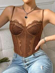 RAHQ Brown Eyelash Lace Corset Crop Top – Versatile Layering Piece For Street Style & Daily Wear - Brown - View 2