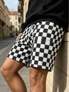 1pc Men's Lightweight Black & White Checkered Retro Plaid Casual Shorts, Breathable Drawstring Beach Pants For Summer, Daily Home, Commute, Vacation, Running & Sports, Loose Fit, Father's Day Gift - Black - View 4