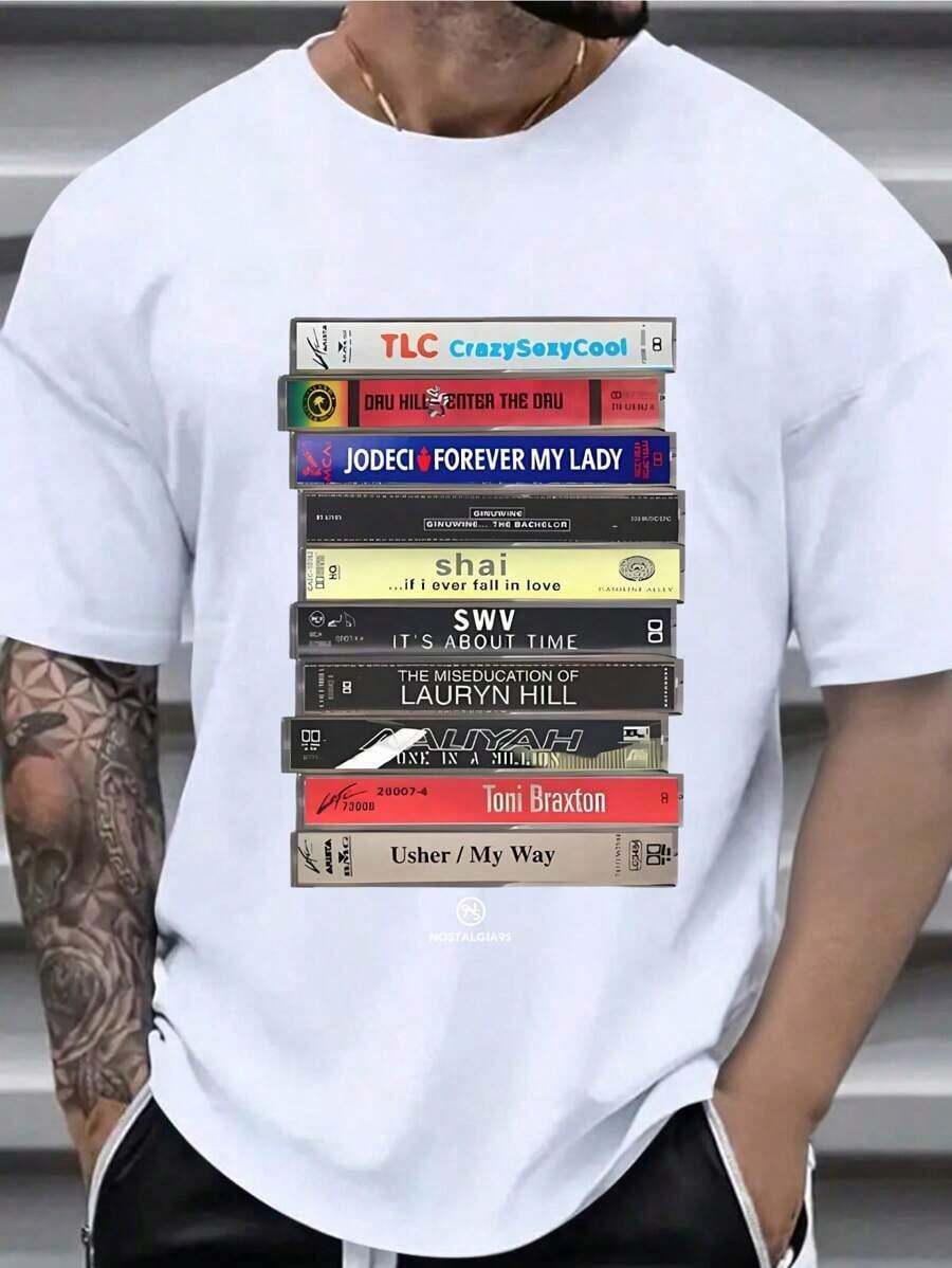 Witllent Men's T-Shirt, 100% Cotton, 90s Vintage Style, R&B Cassette Tape Design, Music Graphic Tee, 220g Thick Cotton T-Shirt For Men, Regal - 白色 - 查看 1