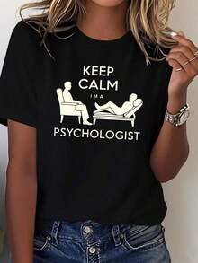 Camisetas de Verano con Estampados KEEP CALM I'M A PSYCHOLOGIST para Mujer, Color Sólido, Cómodas, 100% Algodón. Camiseta de Manga Corta para Mujer, Estilo Básico para Uso Interior y Exterior. - Negro - Ver 11