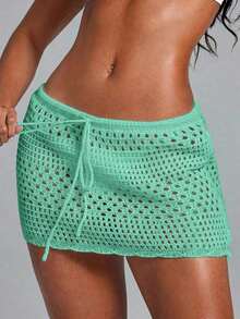 Swim Lushoire Falda pareo con dobladillo ondulado para la playa, con patrón geométrico perforado y floral - verde menta - Ver 3