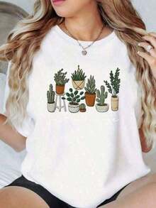 Camisa de Mujer con Estampado de Flores de Cactus, Holgada y de Talla Grande - Camisa Casual de Poliéster Tejido con Cuello Redondo, Comodidad para Todas las Temporadas, Top Festivo para Vacaciones, 1 Pieza, 200gsm. Ropa de Mujer a la Moda, Camisas, Top Blanco, Camiseta Gráfica, Adecuada para Gimnasio, Entrenamientos, Uso Casual Diario y Estilo Urbano. - Blanco - Ver 1