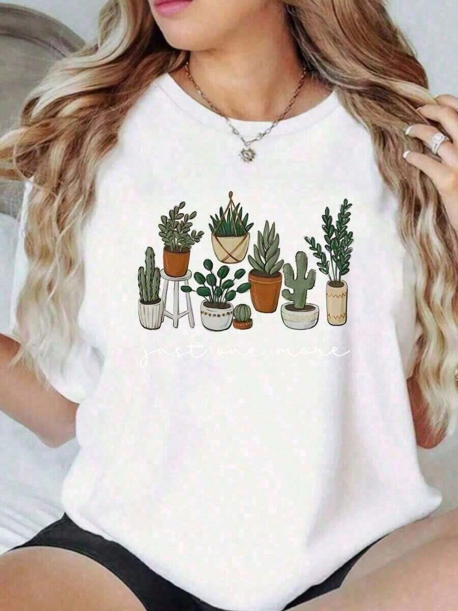 Camisa de Mujer con Estampado de Flores de Cactus, Holgada y de Talla Grande - Camisa Casual de Poliéster Tejido con Cuello Redondo, Comodidad para Todas las Temporadas, Top Festivo para Vacaciones, 1 Pieza, 200gsm. Ropa de Mujer a la Moda, Camisas, Top Blanco, Camiseta Gráfica, Adecuada para Gimnasio, Entrenamientos, Uso Casual Diario y Estilo Urbano. - Blanco - Ver 1