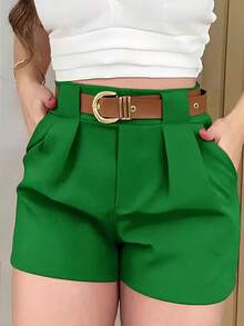 Pantalones cortos casuales sueltos con bolsillos y pliegues de unicolor para mujer - Verde 2 - Ver 6