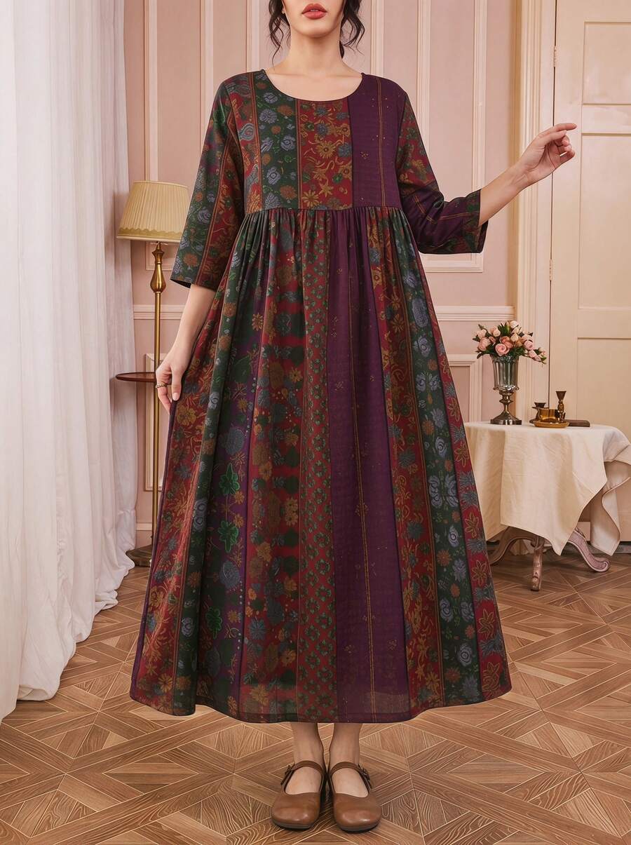 Solessence 上衣、女式连衣裙、大码女式连衣裙、阿拉伯日常服饰、条纹印花连衣裙、夏季圆领无袖休闲连衣裙 - 紅色 - 查看 1