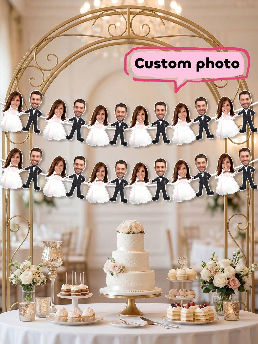 7/14/21pc Custom Photo Bride & Groom Wedding Banner, Personalized Couple Name Cutout Garland, Engagement/Bridal Shower Party Decor, Cute Cartoon Wedding Keepsake - Multicolor - View 1