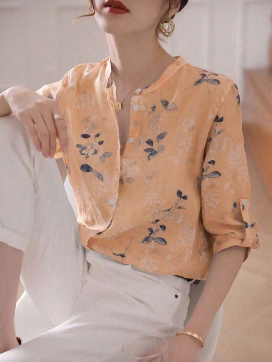 Blusa de mujer de manga 3/4 con cuello alto, estampado floral acuarela azul grisáceo| Blusa de ajuste ceñido, transpirable, de manga acampanada, para oficina/vacaciones, primavera/verano - Naranja - Ver 1