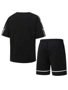 2pcs/Set Men's Summer New Fashionable Loose Comfortable Casual Street Style T-Shirt And Shorts Set, Contrast Color Patchwork Design - Black - View 9