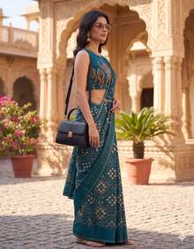 Estationeryhouse Signature Georgette Bandhni Saree With Self Border With Unstitched Blouse - Blue - View 2