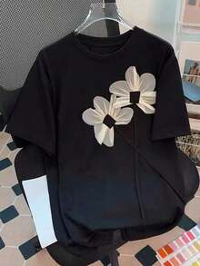 Envío gratis, entrega local enéxico, entrega en 4 días. Camiseta gráfica casual ajustada de jacquard negro cómoda para mujer de talla. - Negro - Ver 5
