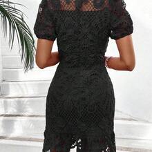 Women's Stand Collar Short Bubble Sleeve Hollow Out Dress For Holiday Party Clothes Lace Women Outfit - Rojo - Ver 3