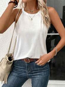 LUNE Camiseta de tirantes de cuello halter casual y cómoda para mujer, 95% algodón, adecuada para el verano - Blanco 2 - Ver 5
