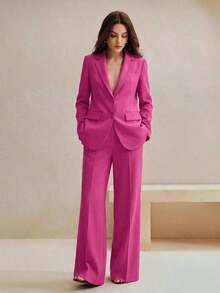 Conjunto de traje de mujer, blazer de unicolor estilo vintage + pantalones rectos, 2 piezas - Rosa 2 - Ver 3