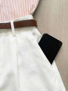 Conjunto de 2 piezas para mujer con bloqueo de color, cuello a rayas, cintura plisada y mangas cortas - Caqui - Ver 3