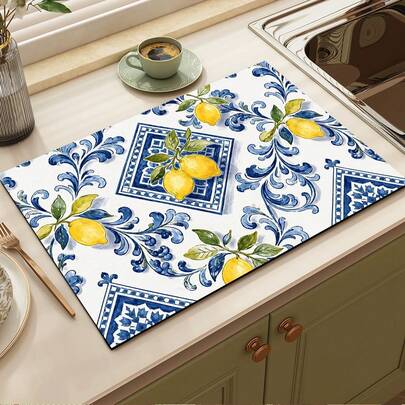1pc Lemon Print Absorbent Mat/Drying Mat For Coffee Maker, Dishes - Polyester Absorbent Desktop Protective Mat With Rubber Anti-Slip Pad, For Kitchen Counter Decor, Home Bar And Dining Table