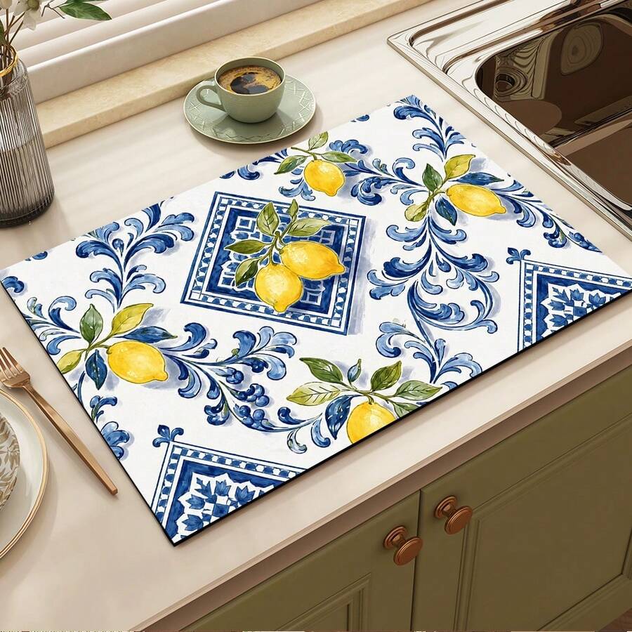 1pc Lemon Print Absorbent Mat/Drying Mat For Coffee Maker, Dishes - Polyester Absorbent Desktop Protective Mat With Rubber Anti-Slip Pad, For Kitchen Counter Decor, Home Bar And Dining Table - Multicolor - View 1