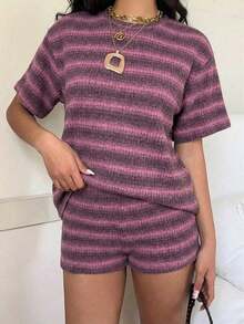 Conjunto de camiseta de manga corta y pantalones cortos de punto a rayas para mujer de estilo casual - Rosa 2 - Ver 5