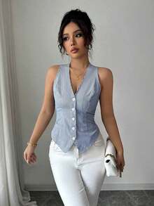 Camiseta de tirantes de mujer minimalista y de rayas con cuello en V y abotonadura sencilla para usar en la ciudad - Azul 2 - Ver 3