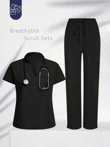 Conjunto de uniforme azul marino para mujer, hecho de tela de alta calidad y transpirable, adecuado para deportes, enfermería y trabajo, con bolsillos, perneras acampanadas, conjunto de uniforme de moda, adecuado para clínicas dentales, conjunto de unifor - Negro - Ver 3