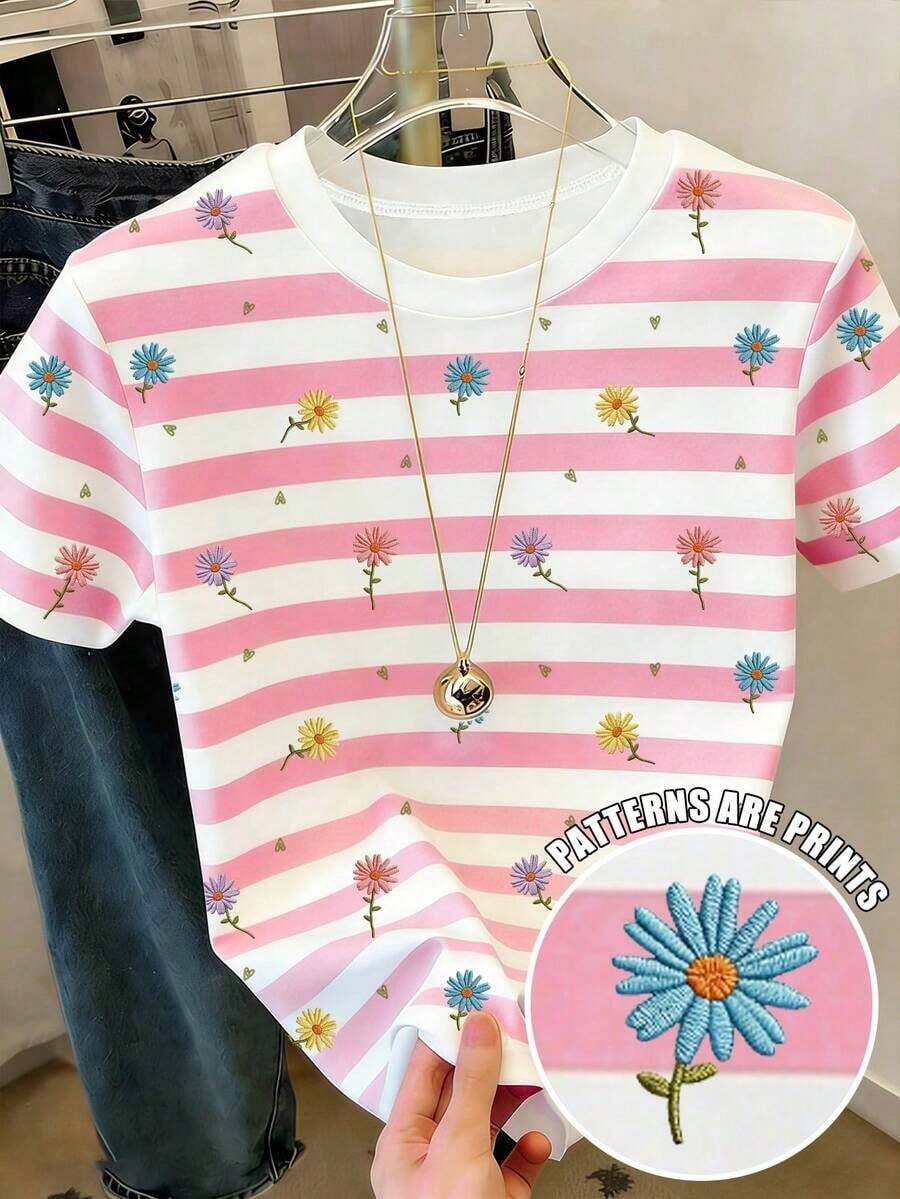 Camiseta de manga corta con estampado floral, camiseta de verano, blusa refrescante para damas, camiseta estética - Multicolor 9 - Ver 1