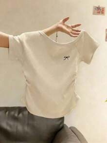 Camiseta casual de mujer con cuello asimétrico y decoración de cuentas, para verano - Albaricoque - Ver 6