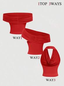 Set de 2 blusas casuales de unicolor de ajuste ceñido que se pueden usar de 3 maneras diferentes para mujeres - Rojo 2 - Ver 4