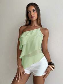 Nueva blusa elegante y romántica de primavera/verano para citas, Día de San Valentín, temporada de bodas, de gasa rosa con un hombro, espalda descubierta, volantes en capas, blusa sexy con volantes para la playa, atuendo de boda, camisa rosa elegan - verde menta - Ver 5
