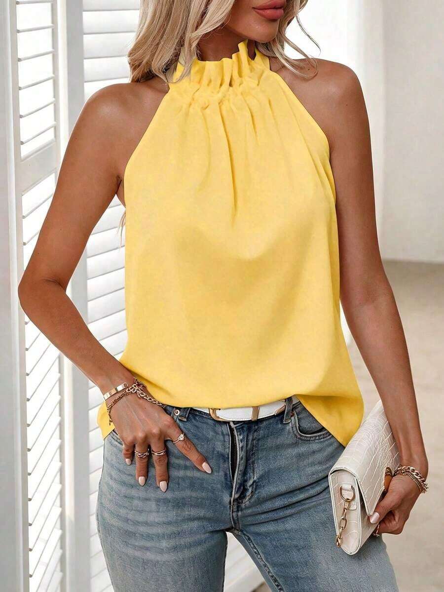 Blusa plisada de unicolor, versátil y casual para uso diario - Amarillo claro - Ver 1