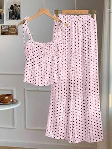 Conjunto de 2 piezas de top tipo camisola con hombros retorcidos y estampado de lunares, y pantalones de pierna ancha, para mujer, estilo casual de verano, retro y de playa - Rosa - Ver 5