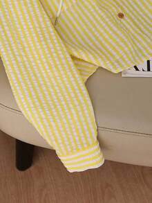 Camisa con capucha holgada con cordón de rayas azules y blancas para mujer, nueva para primavera/otoño - Amarillo - Ver 4