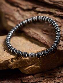YOUNG&RICH YOUNG & RICH Men's Natural Lava Stone Bracelet, Matte Black Volcanic Rock Disc Beads Elastic Bracelet, Minimalist Dark Tone Daily Jewelry For Men - Black - View 3