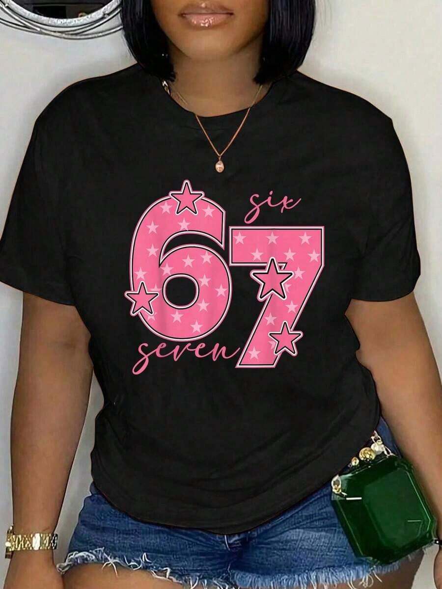 100% Cotton T-Shirt 67 Meme Six Seven Gen Alpha Slang Cute Pink For Girls 6 7, Graphic T-Shirt For Women And Men, Comfortable Crew Neck, Summer Vacation Tops - 黑色 - 查看 1