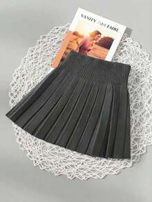 Falda corta plisada de punto de unicolor casual para mujer, adecuada para vacaciones, citas nocturnas, otoño/invierno y primavera - Marrón Mocha - Ver 8