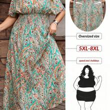 CURVE+ Festival de música de tamaño curvo, vacaciones junto al mar, vestido de playa para mujer con cintura elástica plisada con estampado aleatorio, traje de vacaciones de verano - Verde - Ver 11