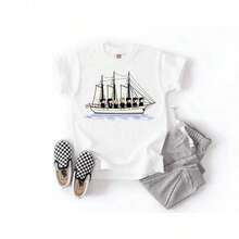 Unisex T-Shirt With Boat And Cartoon Character Print, 100% Cotton, Round Neck, Short Sleeve, Fan Art Design, Casual And Youthful Style, Ideal For Daily Wear, College, Summer And Streetwear, Soft And Breathable, Cute And Stylish Look - 白色 - 查看 2