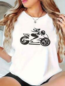 Camiseta de Mujer con Estampado de Motocicleta, Moda de Verano para Mujer, Casual, Cómoda, Suave, para Deportes al Aire Libre Diarios, Fitness, Transpirable, Cuello Redondo, Manga Corta - Blanco - Ver 7