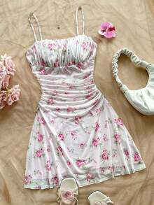 Vestido mini de línea A con tirantes de espagueti rosa y romántico Ditsy Floral para mujer, adecuado para fiesta, cita, San Valentín, Pascua, carnaval, crucero por la playa, Afternoon vestido de moda para té, primavera/verano - Multicolor 4 - Ver 1