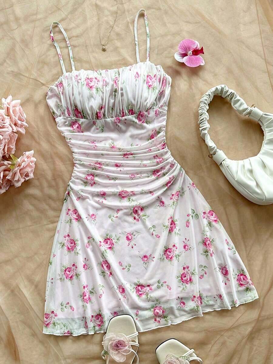 Vestido mini de línea A con tirantes de espagueti rosa y romántico Ditsy Floral para mujer, adecuado para fiesta, cita, San Valentín, Pascua, carnaval, crucero por la playa, Afternoon vestido de moda para té, primavera/verano - Multicolor 4 - Ver 1