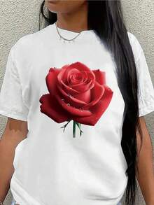 Camiseta de manga corta de poliéster con estampado rosa roja, ligera y duradera, perfecta para uso casual en casa o restaurante, cómoda para uso diario - Blanco - Ver 2