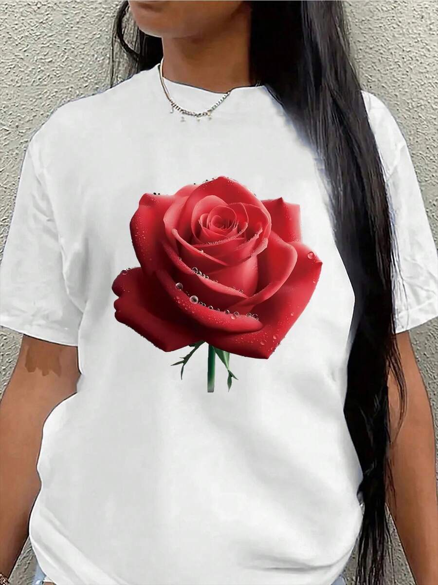 Camiseta de manga corta de poliéster con estampado rosa roja, ligera y duradera, perfecta para uso casual en casa o restaurante, cómoda para uso diario
