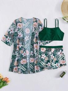 Conjunto de playa de 3 piezas para mujer: top de bikini corto negro, kimono de malla y shorts - Multicolor 3 - Ver 5
