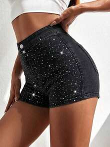 Shorts De Mezclilla Ajustados De Cintura Alta Para Outfits De Verano - Negro 2 - Ver 4