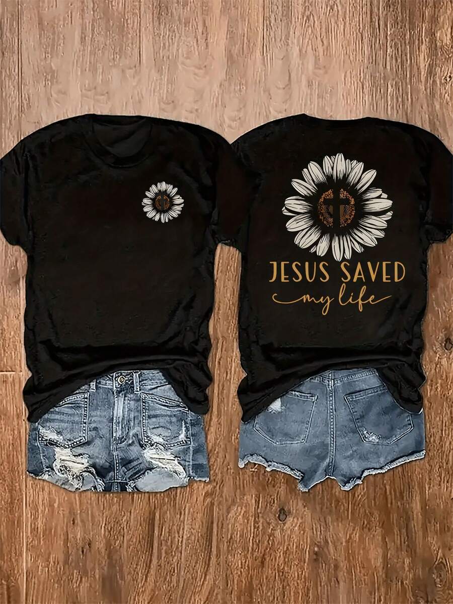 Short-Sleeved T-Shirt With A Round Neck And An Inspirational Floral Print With The Phrase "Jesus Saved My Life," A Faith-Inspired Design, Printed On Both Sides, A Fashionable One-Piece Garment, A T-Shirt For Mother's Day, The Best Gift With A "Best Mom" Print, A Cotton T-Shirt For Everyday Wear, Comfortable And Kind To The Skin. - 黑色 - 查看 1