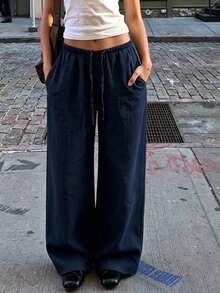 Women's Loose Drawstring Waist Wide Leg Pants, Lightweight Breathable Casual Trousers, Summer - Navy Blue - View 2