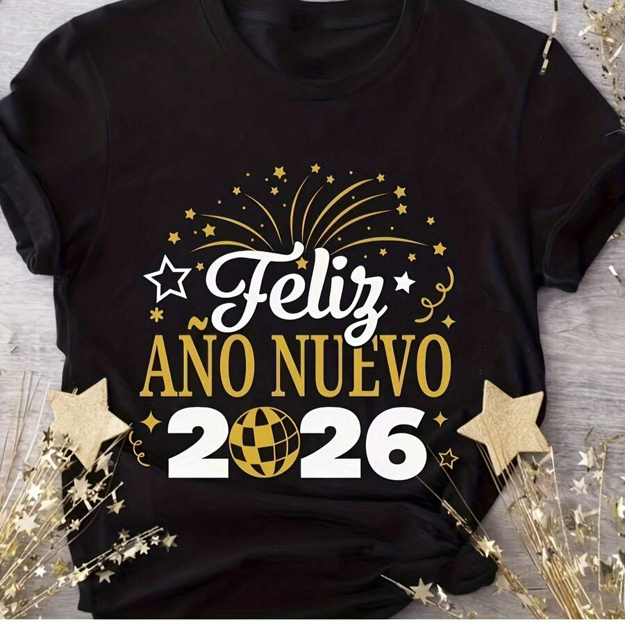 Feliz Ano Nuevo 2026 TShirt Festive Clothes Tee With Gold And White Star Accents Fclothes New Year Celeclothesion, Bold Celeclothesclothesy Clothes With Checkered Disco Ball Perfect Clothesday Shirt Fclothes Parties A - 黑色 - 查看 1