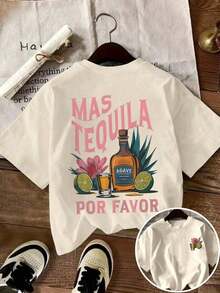 Women's Casual T-Shirt With Round Neck And Graphic Print Of Tequila, Margarita Cocktail, Glass And Lemon Blossom Leaf, Loose Spring/Summer Sweatshirt For Women - 杏色 - 查看 5